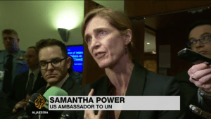 US Ambassador to the United Nations reacts 16 April 2015 to the shocking video showing infant victims of a chlorine gas attack in Syria - 