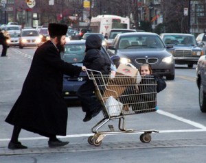 A Hasidic Jewish family shopping in Montreal, Quebec