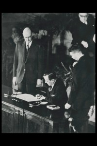 Foreign Minister Lester B. Pearson signs the North Atlantic Treaty in 1949. (Credit: NATO)