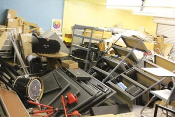 Furniture scattered across a classroom in the Napa Christian Campus of Education in Napa, California, United States after a 6.0 earthquake struck on Sunday, August 24.
