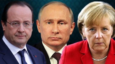 The new Anti-ISIS Triumvirate, born out of the horrors of terror: Presidents Hollande (France) & Putin (Russia), Chancellor Merkel (Germany)