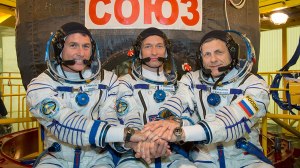 Crew 49, purported to be going to the International Space Station. I note that 2 are Russian, 1 is American. Credit: NASA)